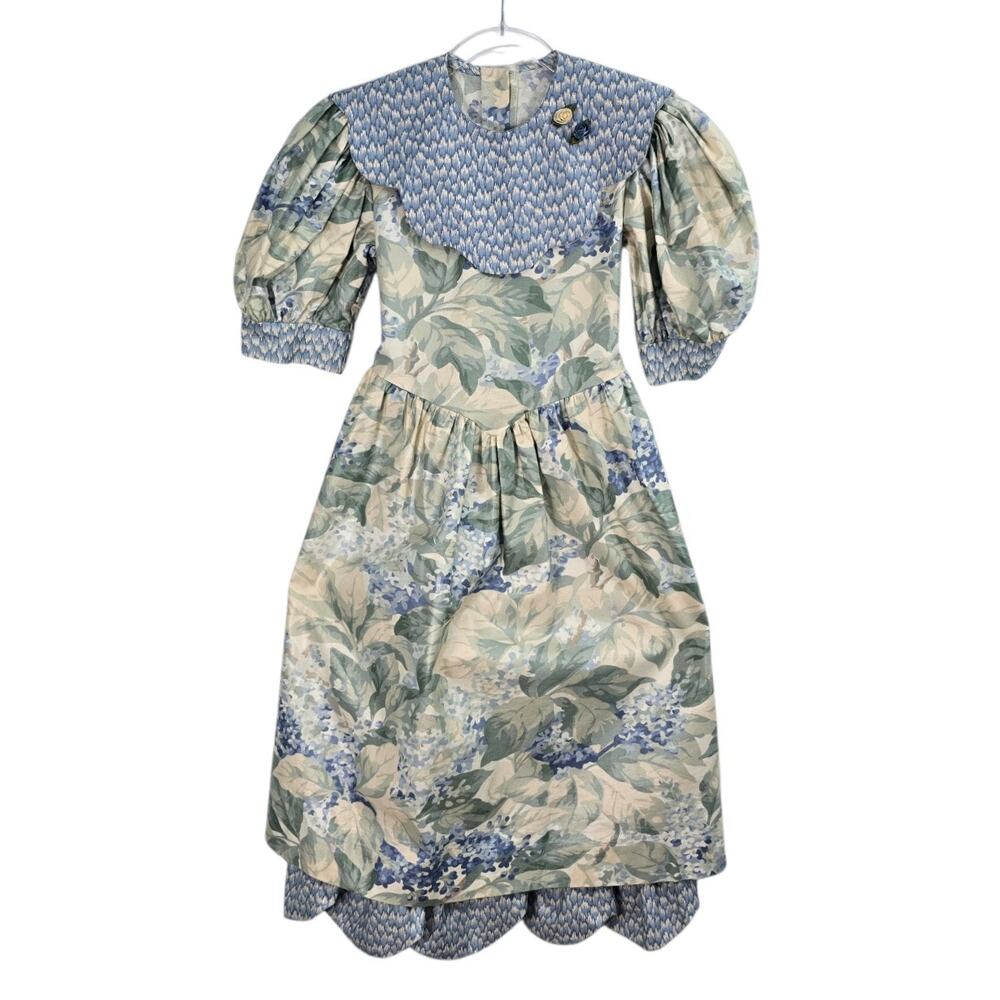 Vintage Sarah Kent Floral Puff Sleeve Dress Peter Pan Collar Cotton Girls 10